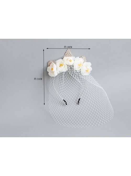 Fashion Baroque White Rose Flower Gown Christmas Retro Lace Crown Full Face Veil Masquerade Headband
