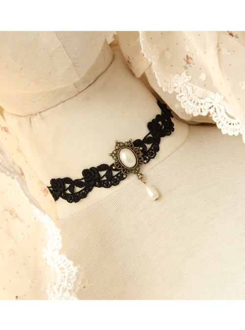 Gothic Retro Fashion Personality Black Lace Flower White Pearl Female Choker
