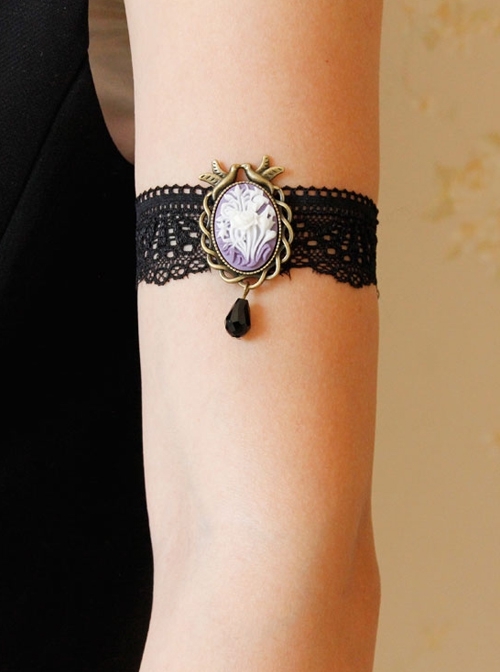 Retro Fashion Gothic Personality Sexy Flower Bird Stretch Black Lace Pearl Armband