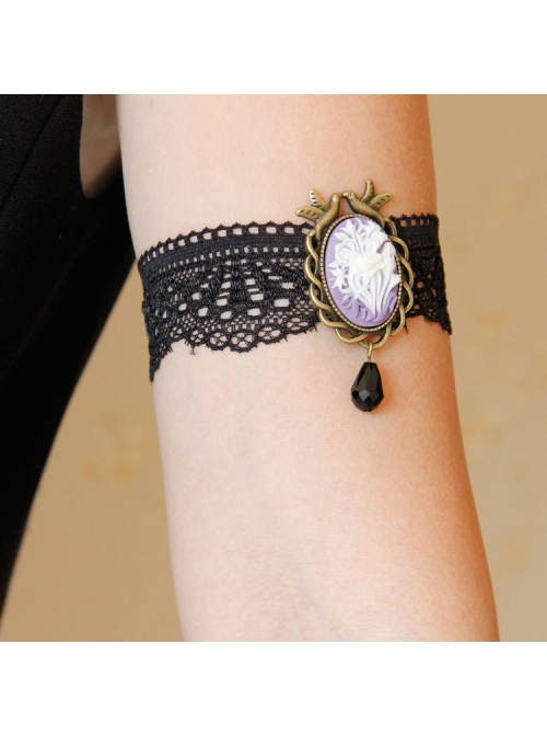 Retro Fashion Gothic Personality Sexy Flower Bird Stretch Black Lace Pearl Armband