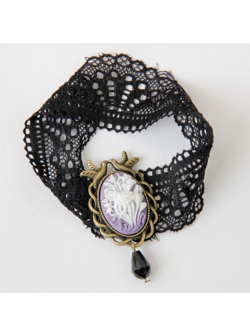 Retro Fashion Gothic Personality Sexy Flower Bird Stretch Black Lace Pearl Armband