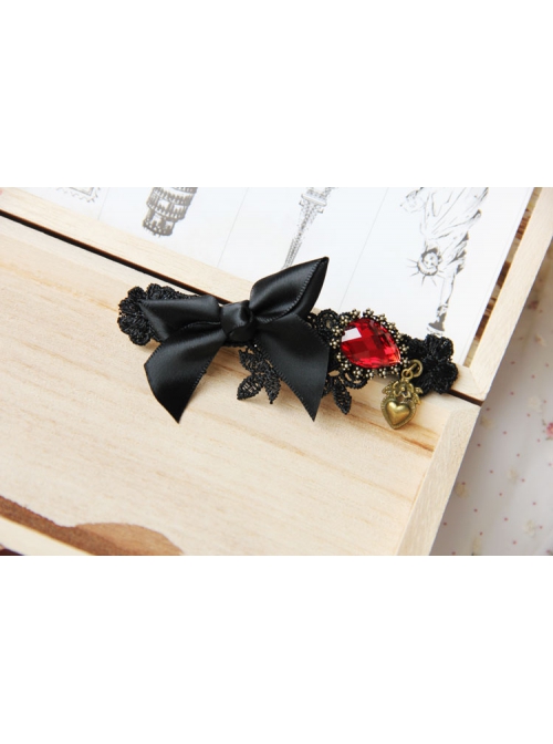 Black Gothic Baroque Retro Fashion Bow Love Heart Ruby Handmade Hairpin