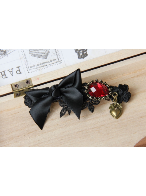 Black Gothic Baroque Retro Fashion Bow Love Heart Ruby Handmade Hairpin