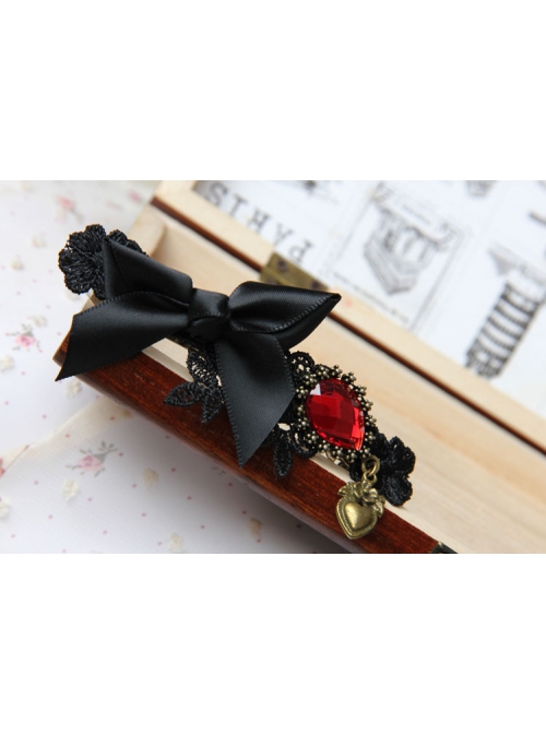 Black Gothic Baroque Retro Fashion Bow Love Heart Ruby Handmade Hairpin