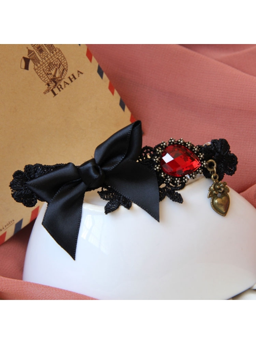 Black Gothic Baroque Retro Fashion Bow Love Heart Ruby Handmade Hairpin