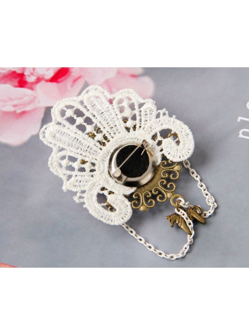 Vintage Fashion Baroque White Lace Artificial Gems Chain Pony Brooch