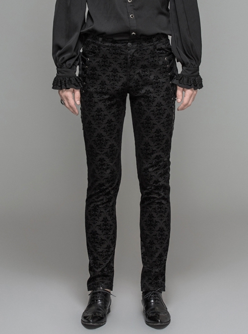 Side Lace-Up Back Waist Metal Buckle Leather Loop Black Gothic Flocking Trousers