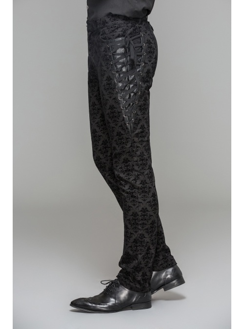 Side Lace-Up Back Waist Metal Buckle Leather Loop Black Gothic Flocking Trousers