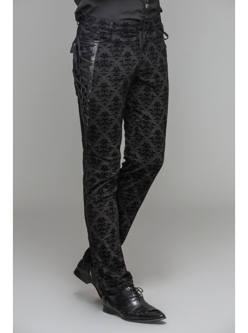 Side Lace-Up Back Waist Metal Buckle Leather Loop Black Gothic Flocking Trousers