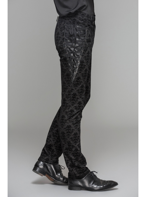 Side Lace-Up Back Waist Metal Buckle Leather Loop Black Gothic Flocking Trousers