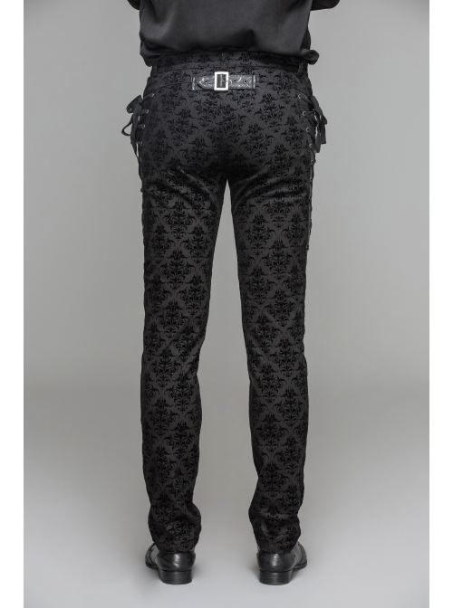Side Lace-Up Back Waist Metal Buckle Leather Loop Black Gothic Flocking Trousers
