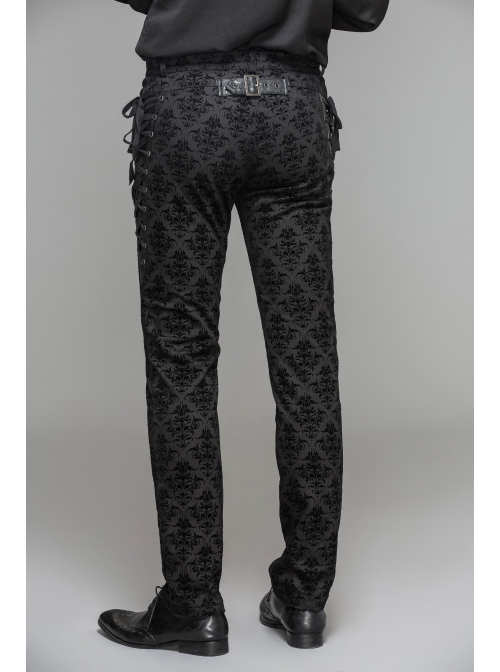 Side Lace-Up Back Waist Metal Buckle Leather Loop Black Gothic Flocking Trousers
