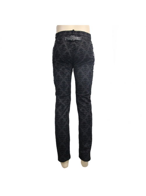 Side Lace-Up Back Waist Metal Buckle Leather Loop Black Gothic Flocking Trousers