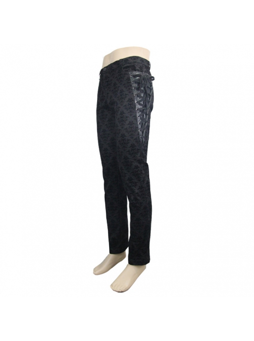 Side Lace-Up Back Waist Metal Buckle Leather Loop Black Gothic Flocking Trousers