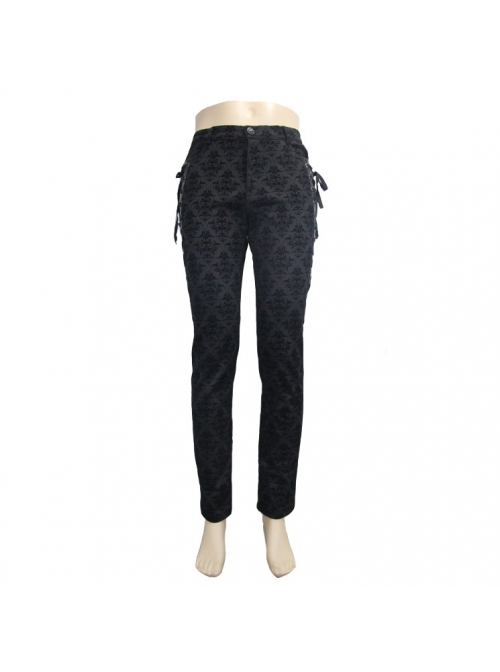 Side Lace-Up Back Waist Metal Buckle Leather Loop Black Gothic Flocking Trousers