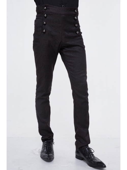 High Waist Front Waist Double-Breasted Button Black Gothic Jacquard Pants