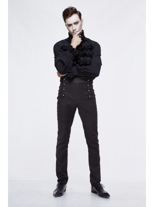 High Waist Front Waist Double-Breasted Button Black Gothic Jacquard Pants