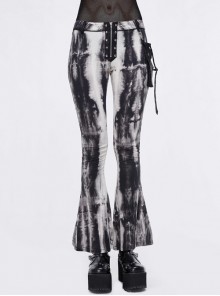 Punk Imitation Leather Waist Pack Irregular Black And White Knitted Tie-Dye Flare Trousers
