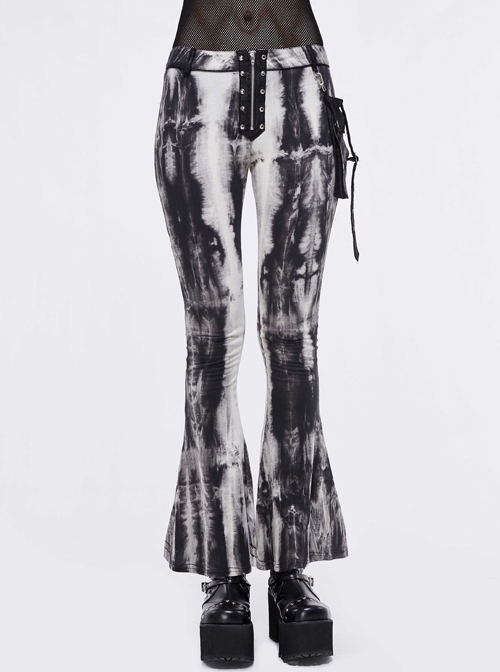 Punk Imitation Leather Waist Pack Irregular Black And White Knitted Tie-Dye Flare Trousers