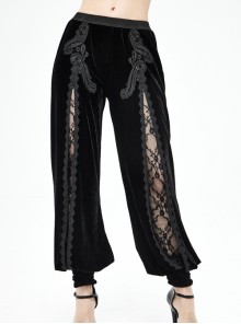 Front Decals Split Splice Mesh Black Gothic Velvet Pants