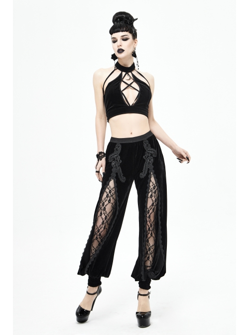 Front Decals Split Splice Mesh Black Gothic Velvet Pants