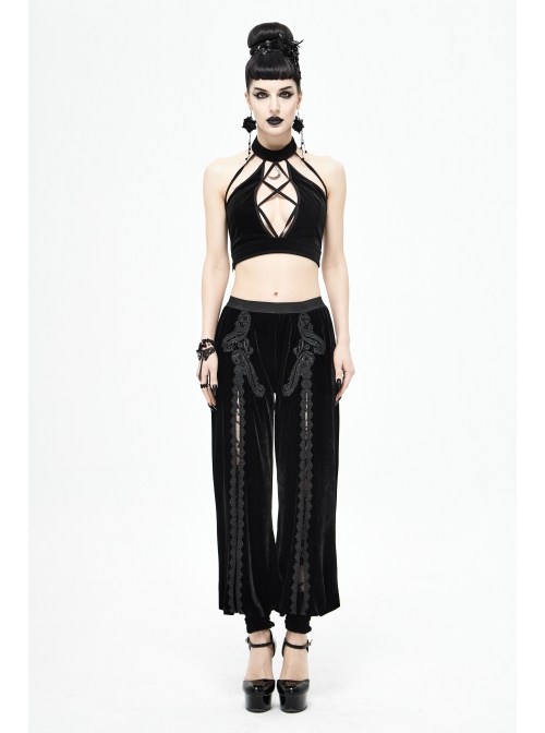 Front Decals Split Splice Mesh Black Gothic Velvet Pants