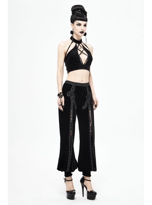 Front Decals Split Splice Mesh Black Gothic Velvet Pants
