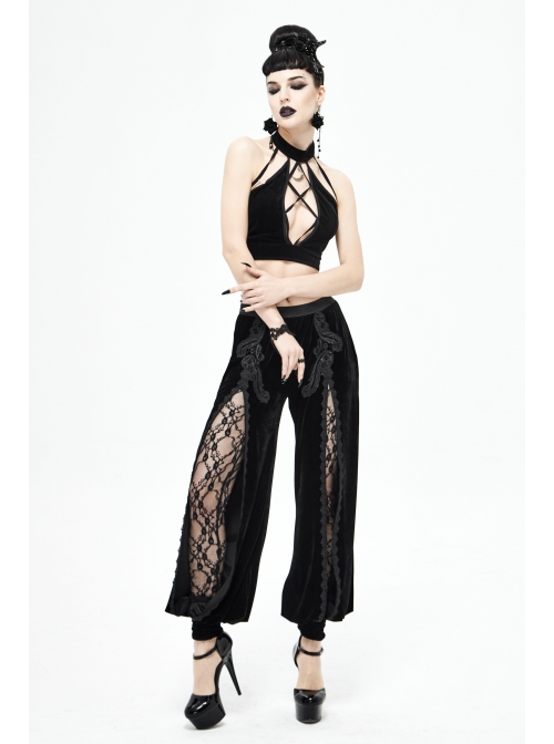 Front Decals Split Splice Mesh Black Gothic Velvet Pants