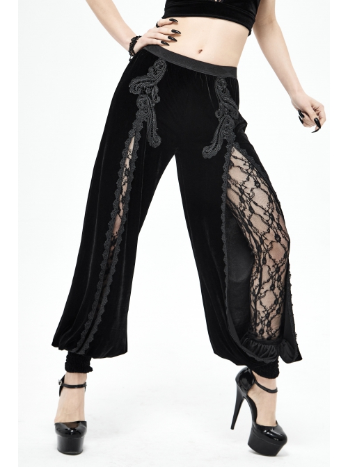 Front Decals Split Splice Mesh Black Gothic Velvet Pants