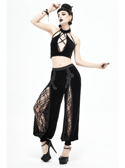 Front Decals Split Splice Mesh Black Gothic Velvet Pants