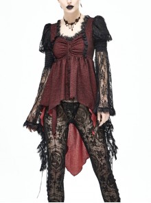 Front Retro Button Lace Mesh Flare Sleeve Back Waist Lace-Up Dark Red Gothic Chiffon Top