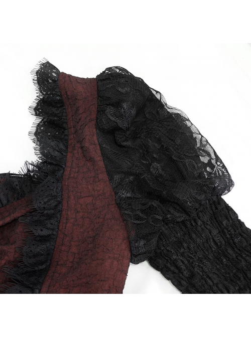 Front Retro Button Lace Mesh Flare Sleeve Back Waist Lace-Up Dark Red Gothic Chiffon Top