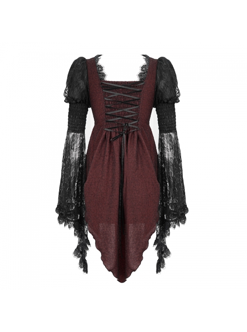 Front Retro Button Lace Mesh Flare Sleeve Back Waist Lace-Up Dark Red Gothic Chiffon Top