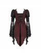 Front Retro Button Lace Mesh Flare Sleeve Back Waist Lace-Up Dark Red Gothic Chiffon Top