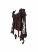 Front Retro Button Lace Mesh Flare Sleeve Back Waist Lace-Up Dark Red Gothic Chiffon Top