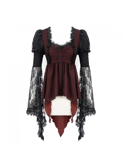 Front Retro Button Lace Mesh Flare Sleeve Back Waist Lace-Up Dark Red Gothic Chiffon Top