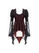 Front Retro Button Lace Mesh Flare Sleeve Back Waist Lace-Up Dark Red Gothic Chiffon Top