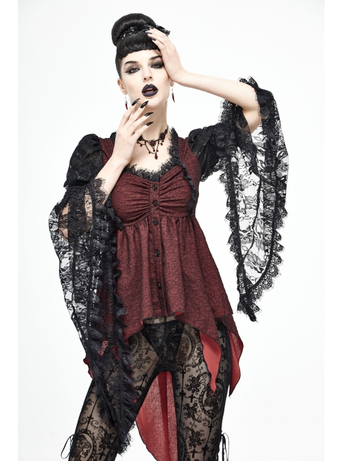 Front Retro Button Lace Mesh Flare Sleeve Back Waist Lace-Up Dark Red Gothic Chiffon Top
