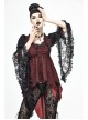 Front Retro Button Lace Mesh Flare Sleeve Back Waist Lace-Up Dark Red Gothic Chiffon Top