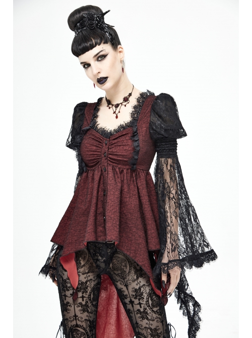Front Retro Button Lace Mesh Flare Sleeve Back Waist Lace-Up Dark Red Gothic Chiffon Top