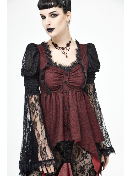 Front Retro Button Lace Mesh Flare Sleeve Back Waist Lace-Up Dark Red Gothic Chiffon Top