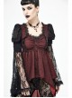 Front Retro Button Lace Mesh Flare Sleeve Back Waist Lace-Up Dark Red Gothic Chiffon Top