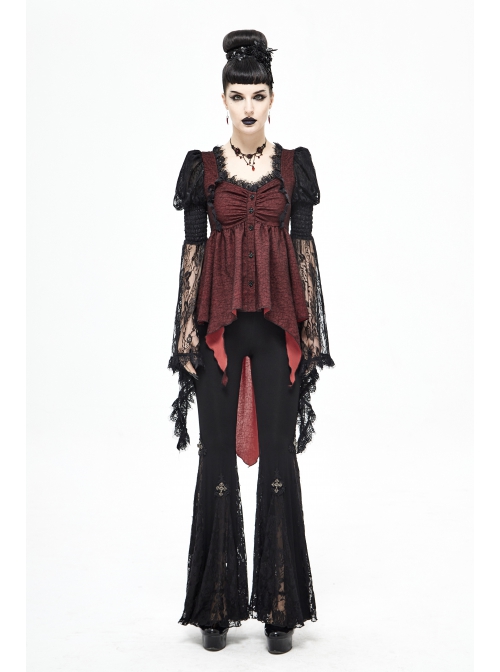 Front Retro Button Lace Mesh Flare Sleeve Back Waist Lace-Up Dark Red Gothic Chiffon Top