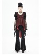 Front Retro Button Lace Mesh Flare Sleeve Back Waist Lace-Up Dark Red Gothic Chiffon Top