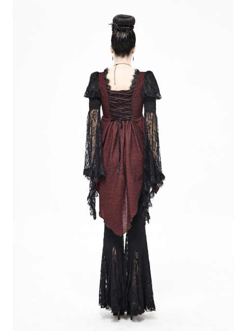 Front Retro Button Lace Mesh Flare Sleeve Back Waist Lace-Up Dark Red Gothic Chiffon Top