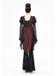 Front Retro Button Lace Mesh Flare Sleeve Back Waist Lace-Up Dark Red Gothic Chiffon Top