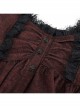 Front Retro Button Lace Mesh Flare Sleeve Back Waist Lace-Up Dark Red Gothic Chiffon Top