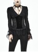 V-Neck Front Splice Velvet Long Sleeve Lace Hem Black Gothic Flocking Top