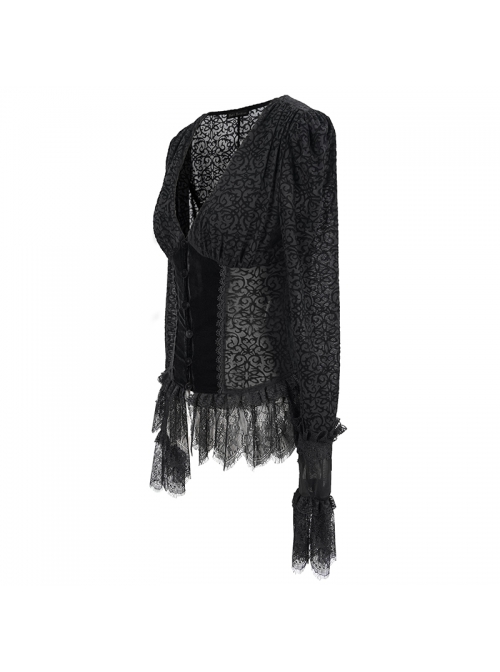 V-Neck Front Splice Velvet Long Sleeve Lace Hem Black Gothic Flocking Top