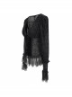 V-Neck Front Splice Velvet Long Sleeve Lace Hem Black Gothic Flocking Top